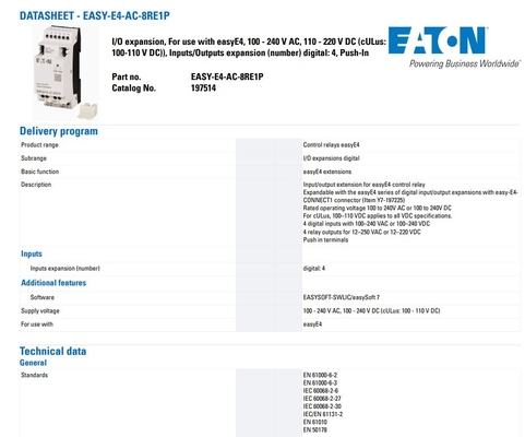 Carico di contatto 100-240V AC/DC 4DI4RO Push-in Terminals EASY-E4-AC-8RE1P DI/O Power Source
